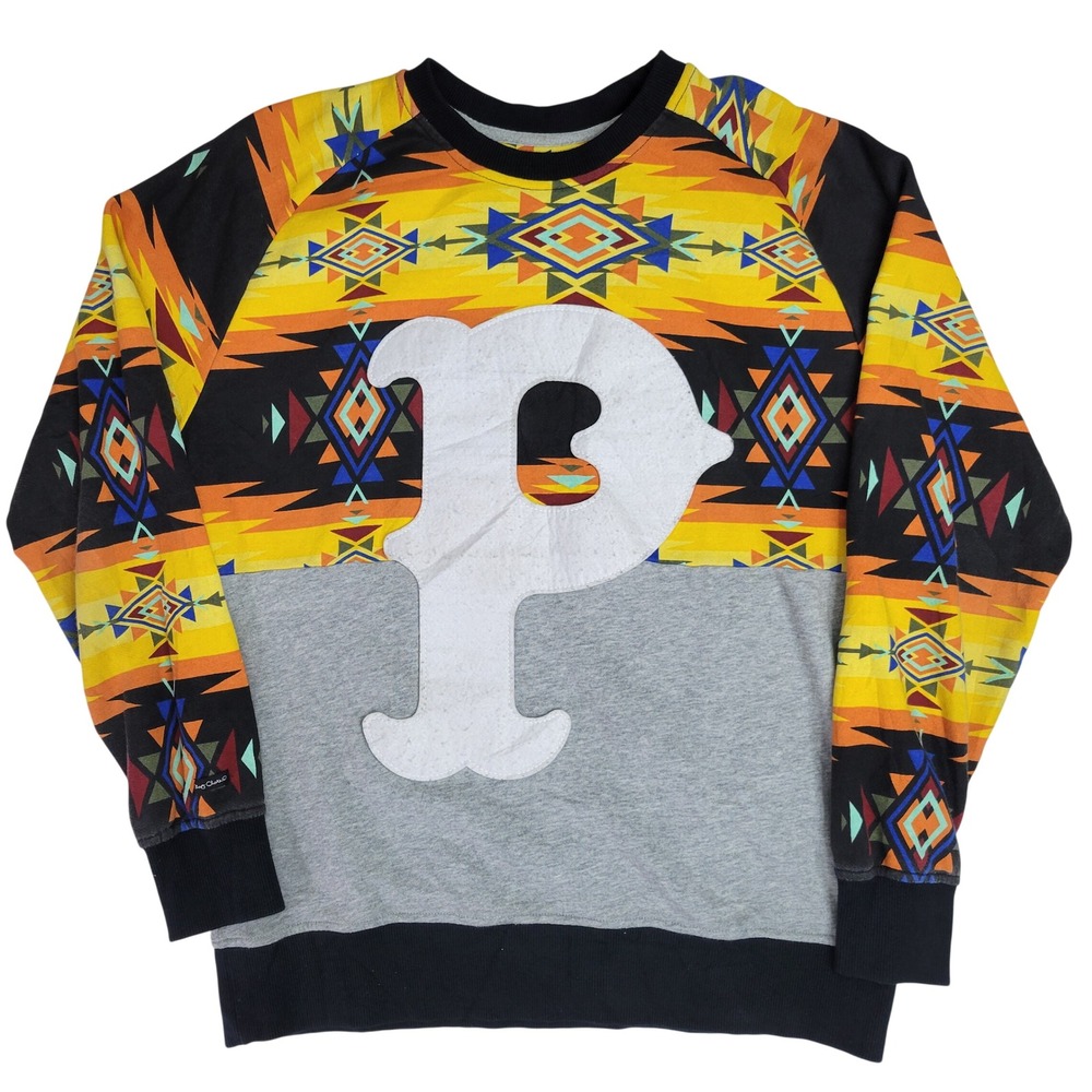 Play Cloths Men's Medium Aztec Geometric Colorblock Sweatshirt Yellow Grey Black